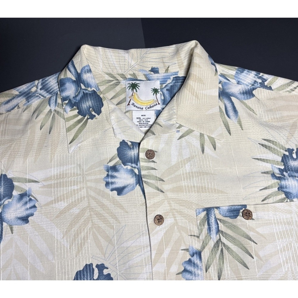 Tropical Print Men Shirt 100% Silk Banana Cabana 2X Resort Short Sleeve Button‎